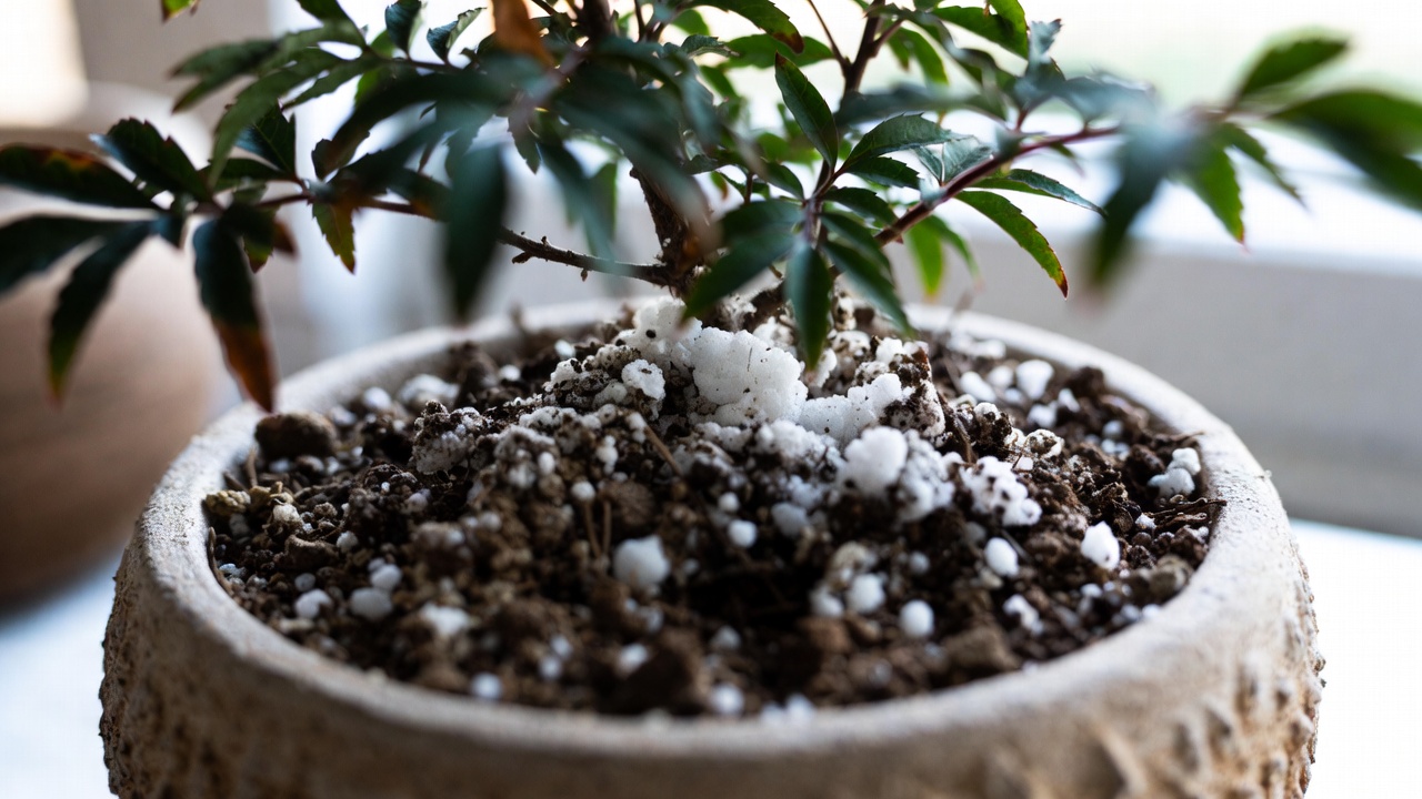 Salt buildup on bonsai soil caused by overfertilization