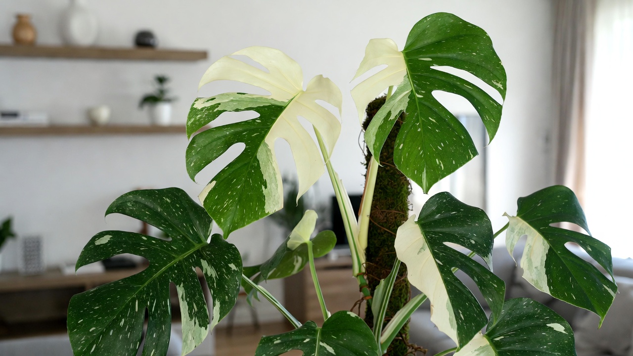 healthy mature albo monstera with large variegated leaves indoors