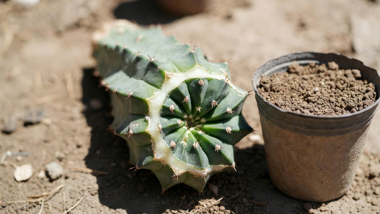 Spiral cactus cutting drying and callusing before propagation in cactus soil.