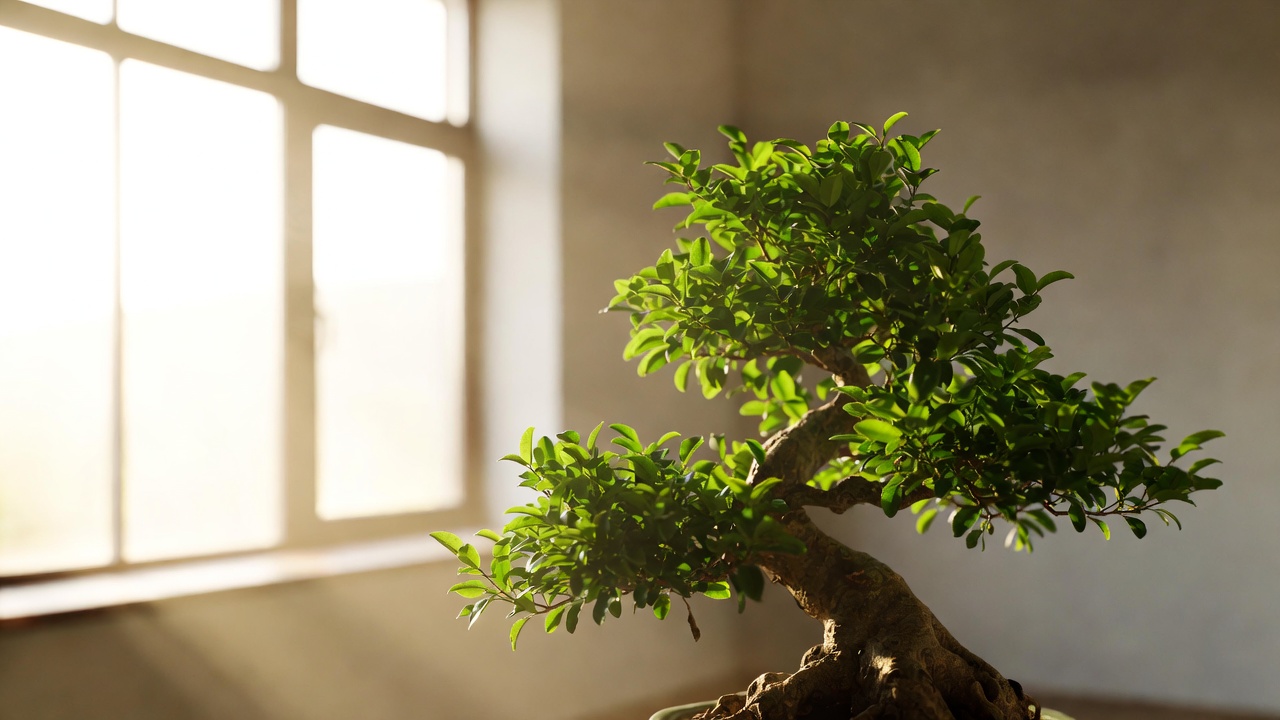 Indoor bonsai in a pot placed near bright window for proper light exposure