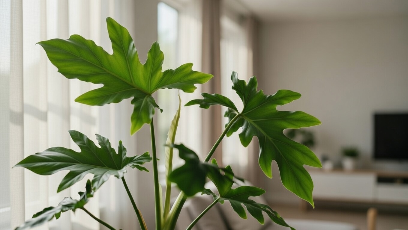 Philodendron green in bright indirect sunlight near window
