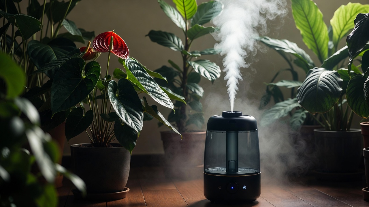 Anthurium warocqueanum near humidifier for high humidity care