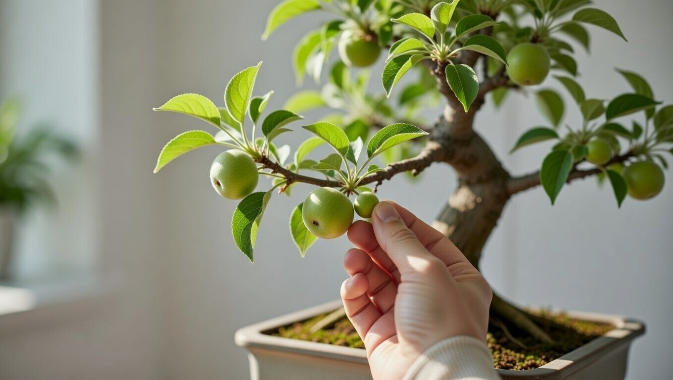Thinning small apples on a bonsai apple tree branch