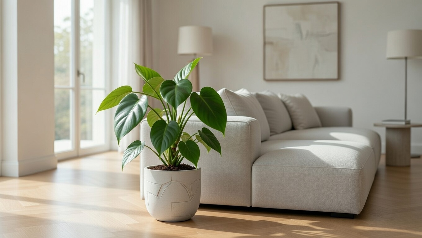 Philodendron Green Congo styled as a statement indoor plant in modern living room