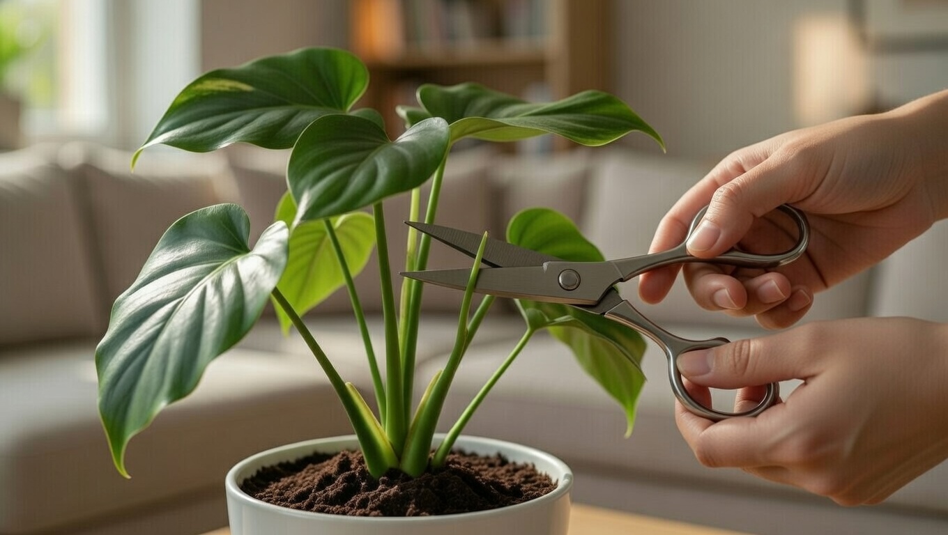 Pruning philodendron green stem above node for bushier growth