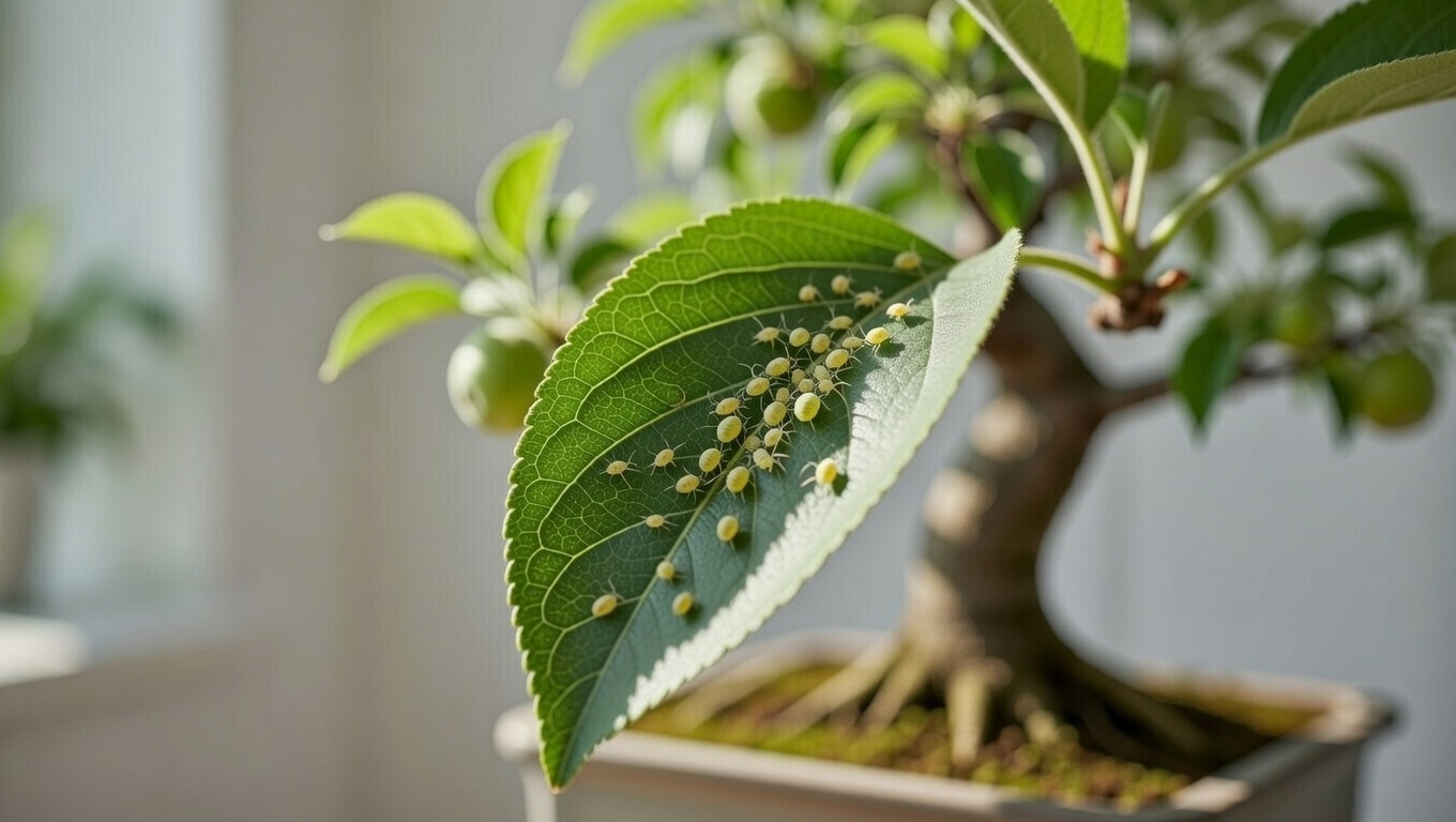 Aphids infestation on bonsai apple tree leaf close-up