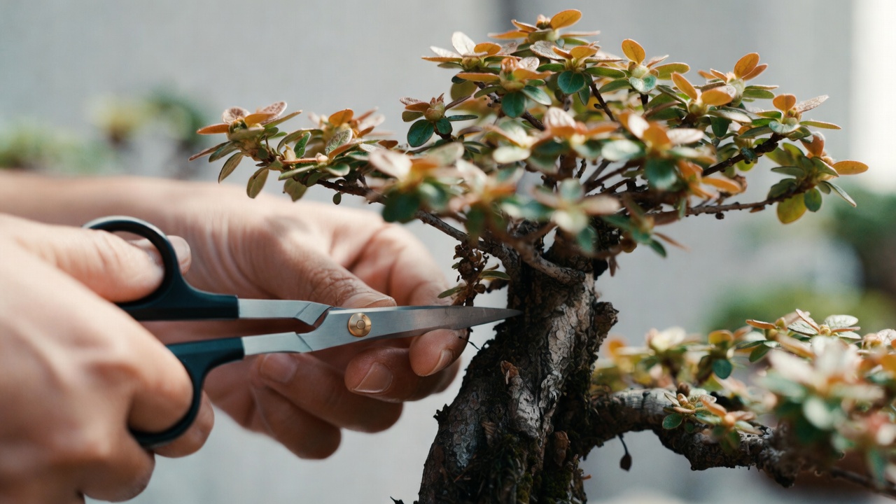 Pruning azalea bonsai branches with precision bonsai scissors after flowering