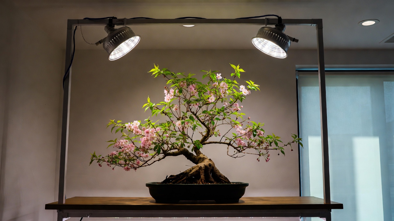"Bonsai Cherry Blossom thriving under artificial grow lights indoors"