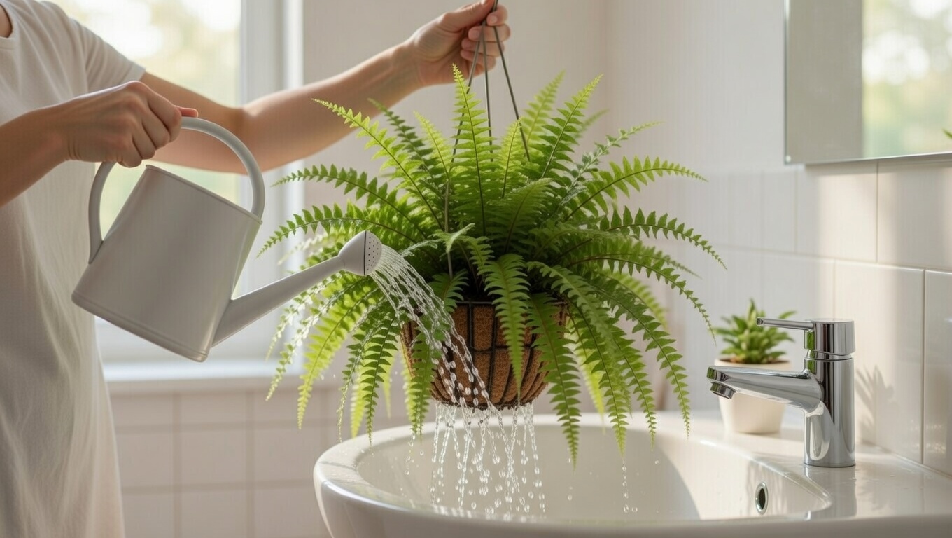 Watering hanging fern using soak and drain method in sink