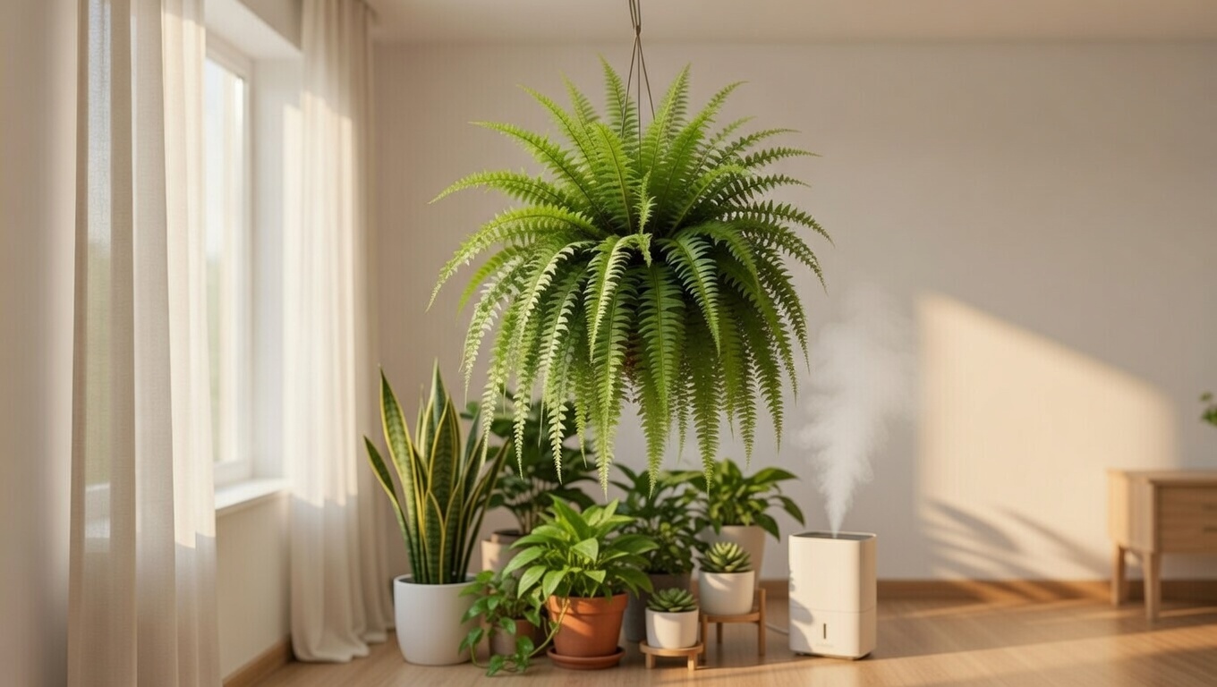 Indoor humidifier increasing humidity for healthy hanging ferns