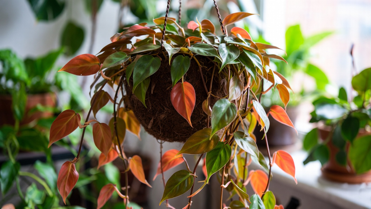 "Philodendron Red displayed in a hanging basket with cascading vines, adding a touch of greenery to a bright room."