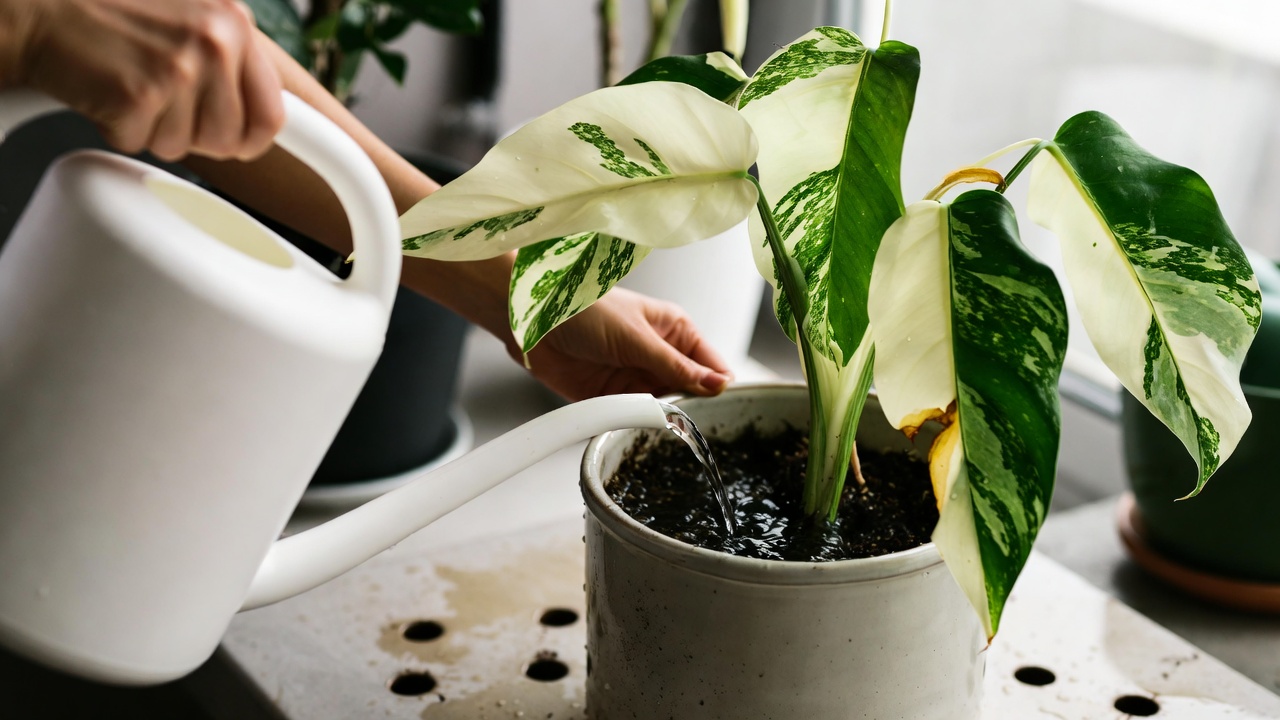 Watering a white philodendron houseplant in a ceramic pot