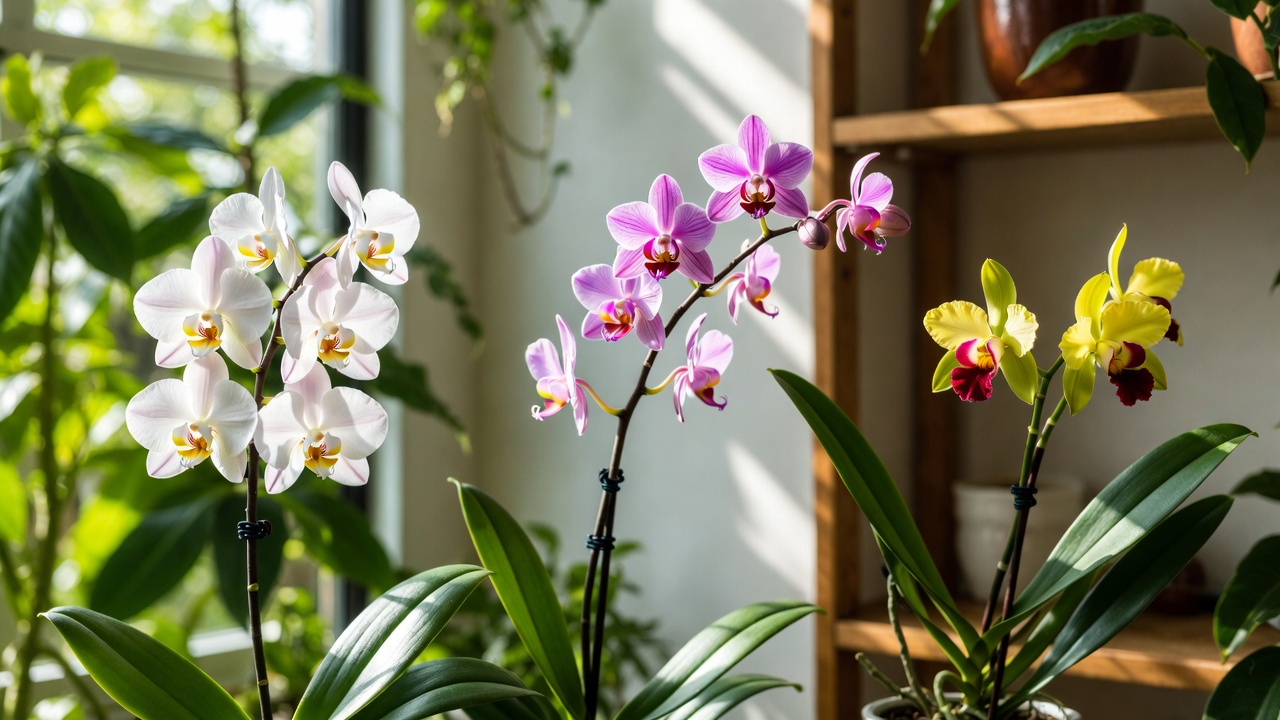 Different indoor orchid varieties including Phalaenopsis Dendrobium and Cattleya