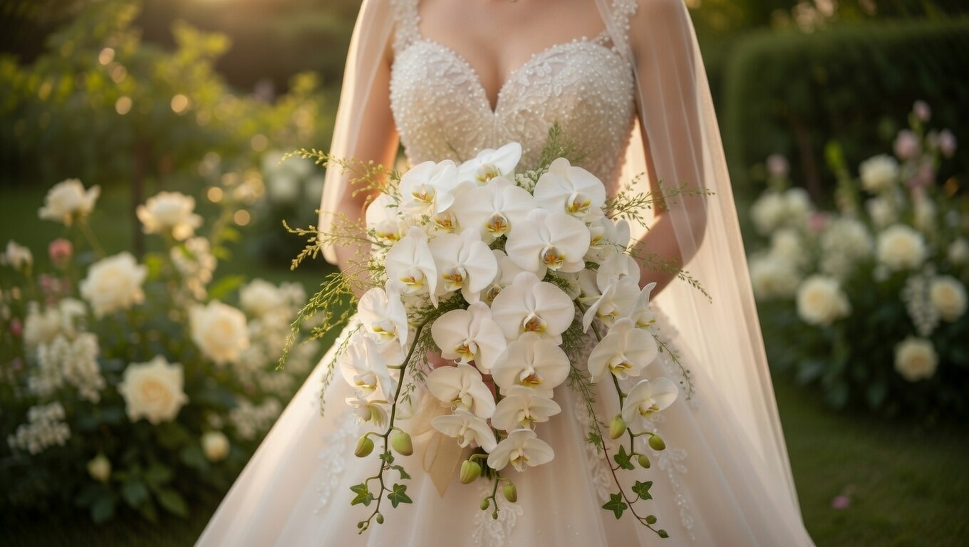 White cascading orchid bouquet designed for weddings.