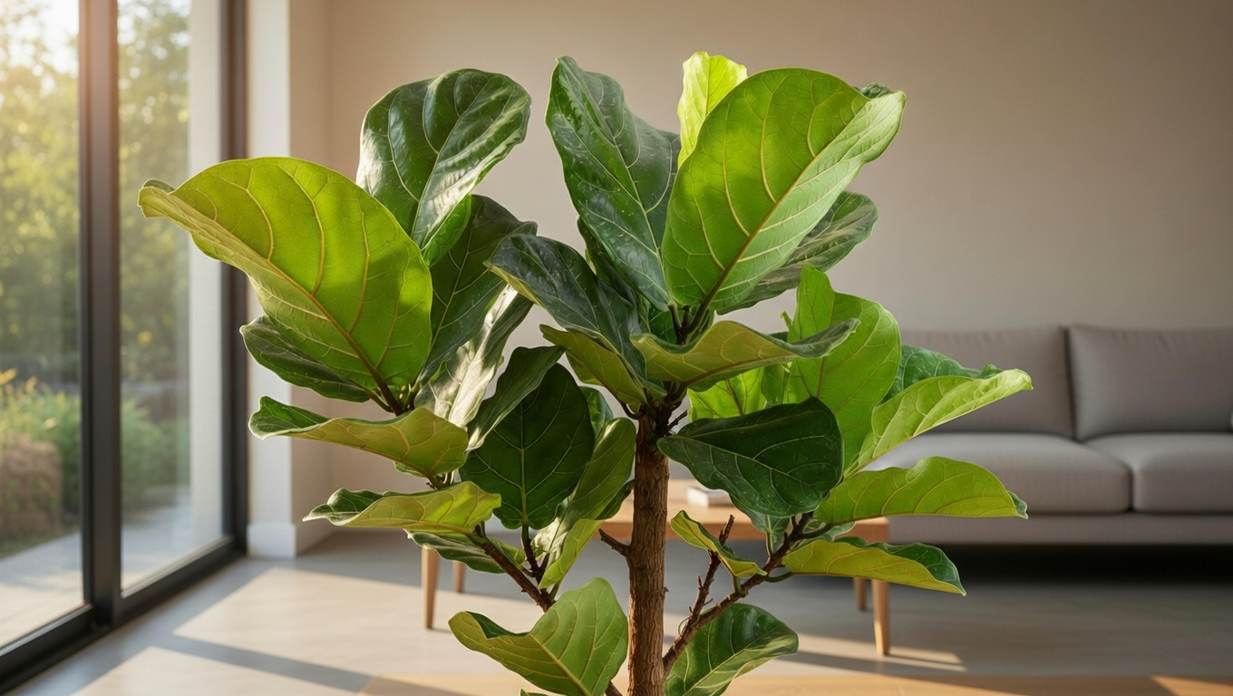 "Ficus Shivereana thriving in bright, indirect light in a modern indoor living room."
