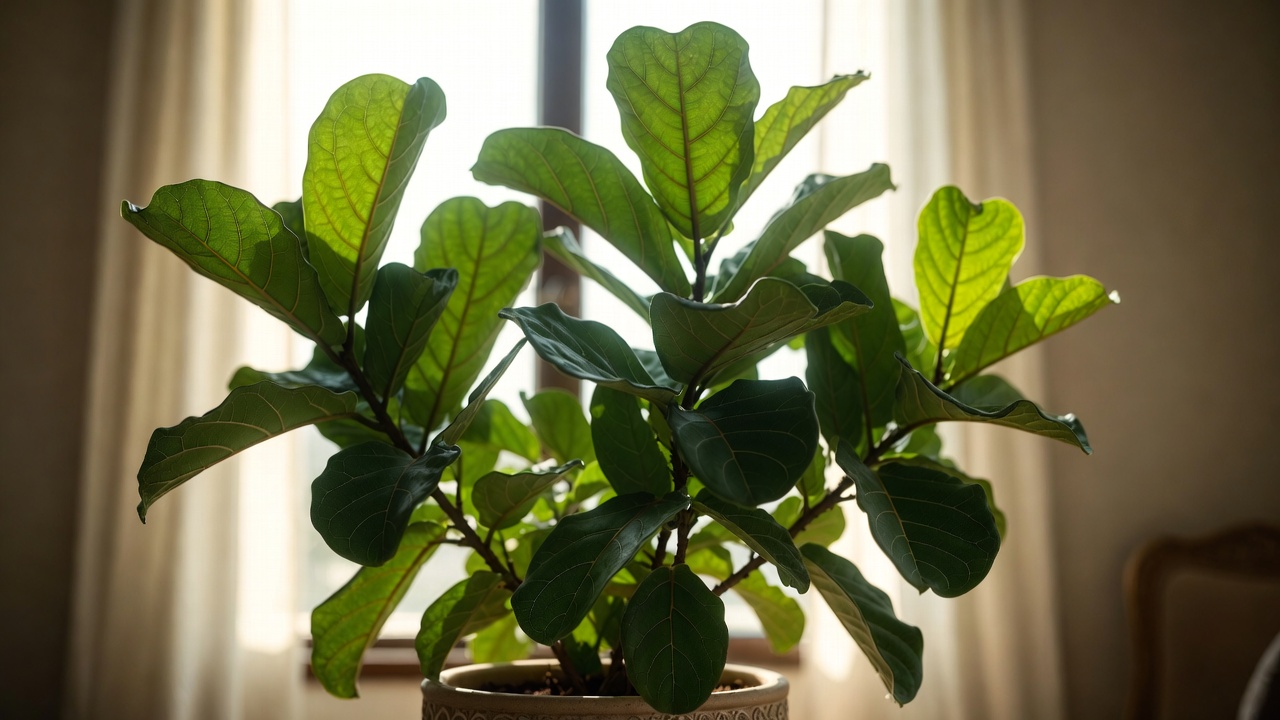 Healthy Ficus Pandurata in bright indoor lighting near a window.