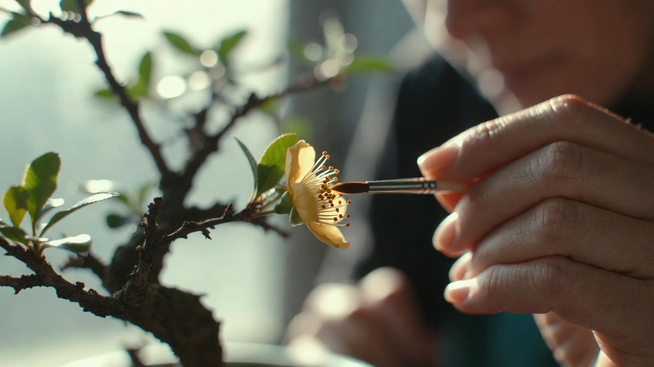 Hand pollinating a bonsai fruit tree flower indoors using a small paintbrush