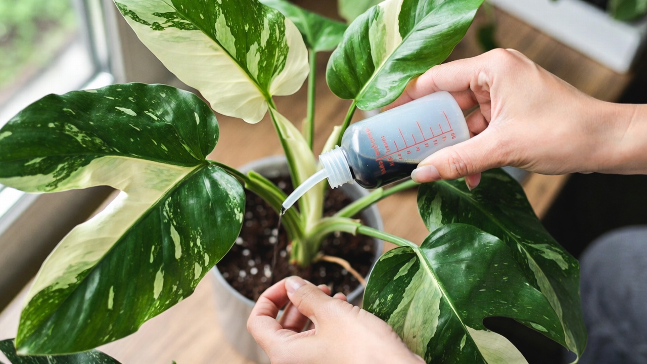 Fertilizing a white philodendron plant for healthy growth