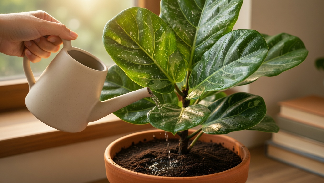 "Properly watering Ficus Shivereana in a well-draining pot to maintain healthy growth."