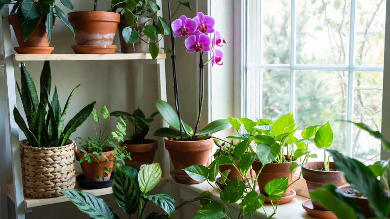Purple orchid displayed with other indoor plants in a bright home plant corner