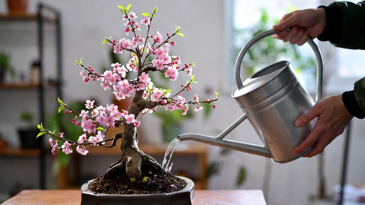 "Watering a Bonsai Cherry Blossom tree indoors using a watering can"