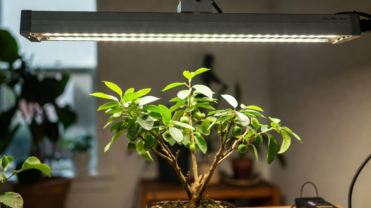 Bonsai fruit tree growing indoors under a full-spectrum LED grow light
