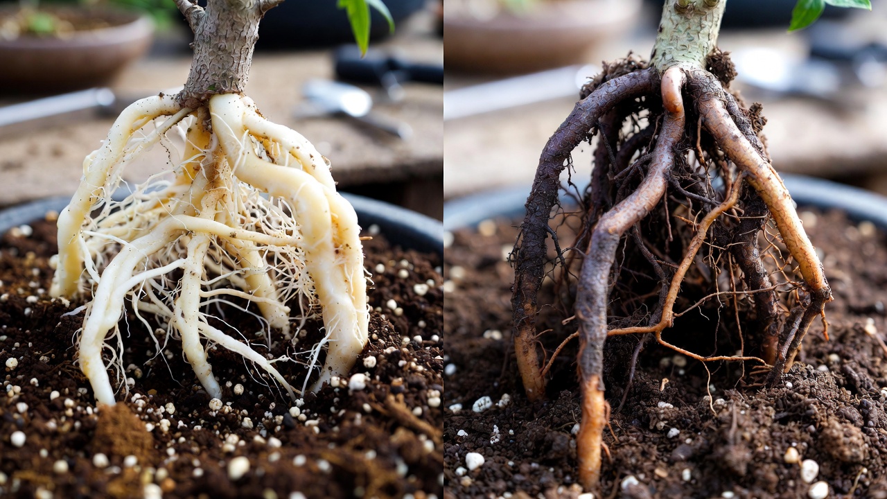 Healthy and unhealthy sakura bonsai roots comparison during repotting