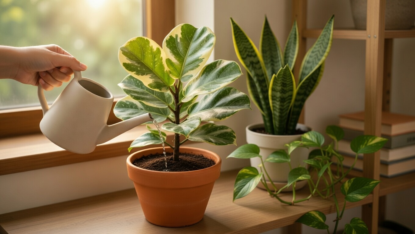  "A stylish plant display with Ficus Shivereana paired with snake plant and pothos in a modern home."