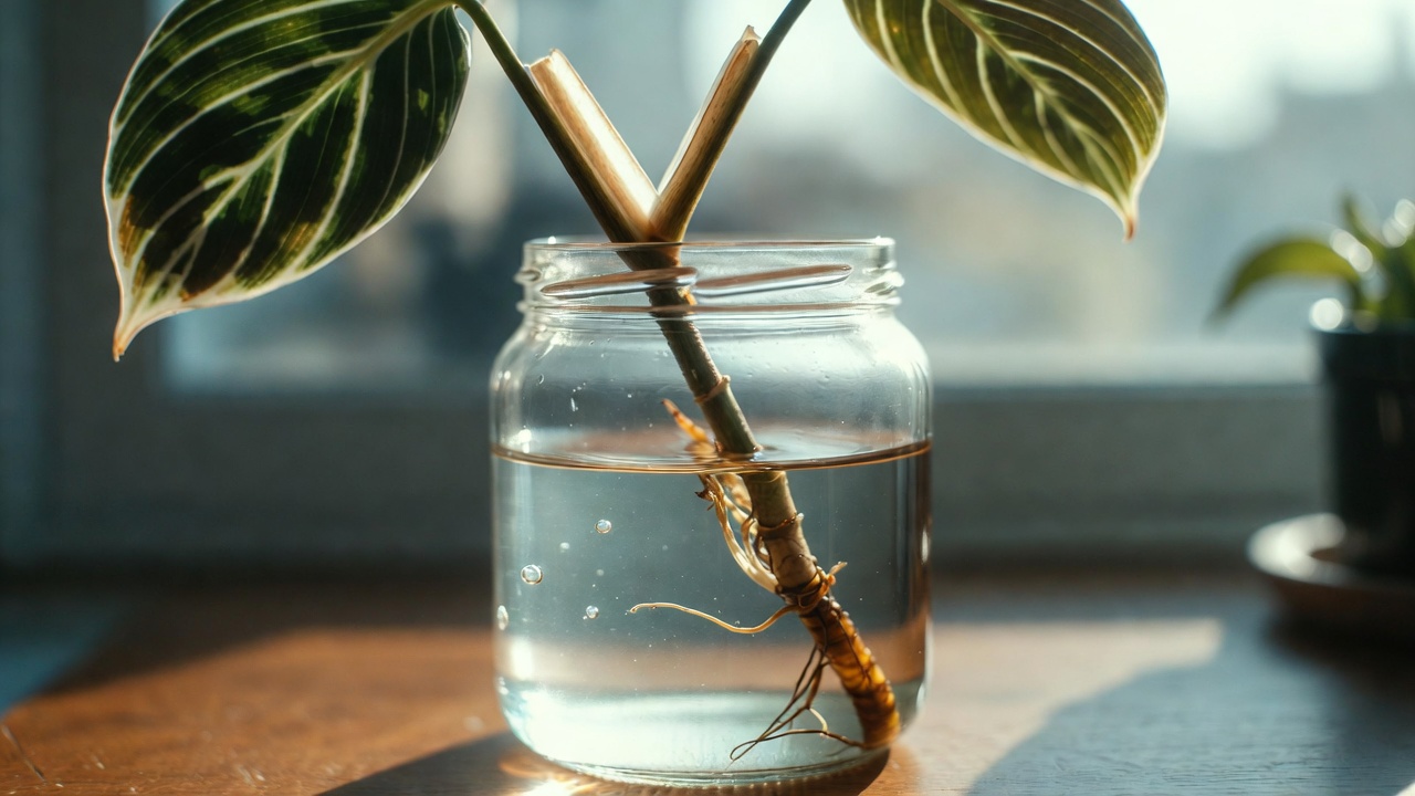 White Knight Philodendron stem cutting propagation in water
