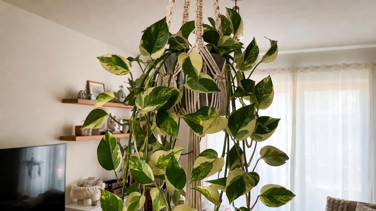 Trailing white pothos in macramé hanging planter for modern home decor