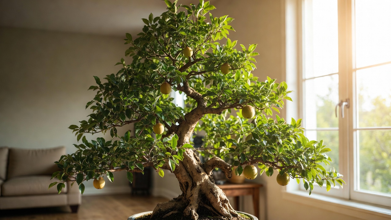Healthy mature bonsai fruit tree growing indoors in a modern living room