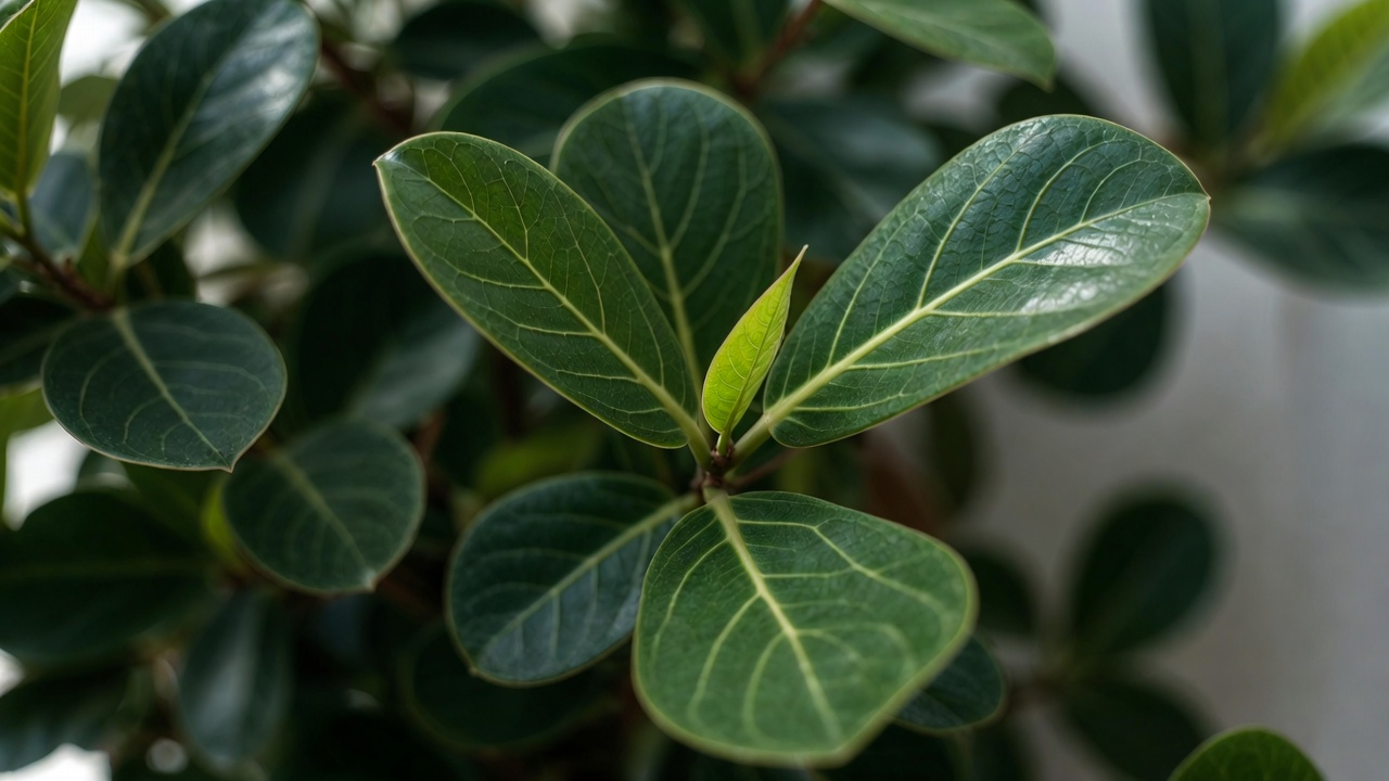 Close-up of the unique violin-shaped leaves of Ficus Pandurata.