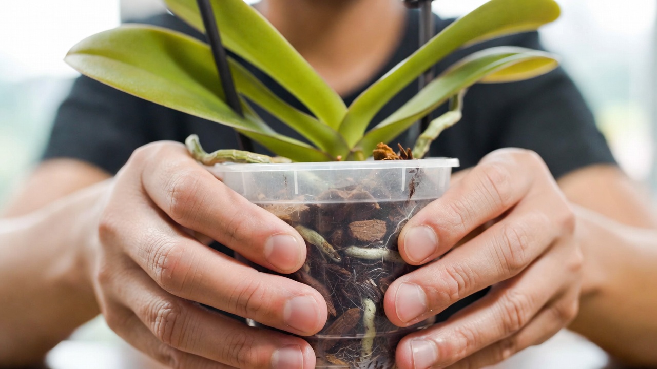 Hands gently loosening orchid potting mix to perform orchid massage