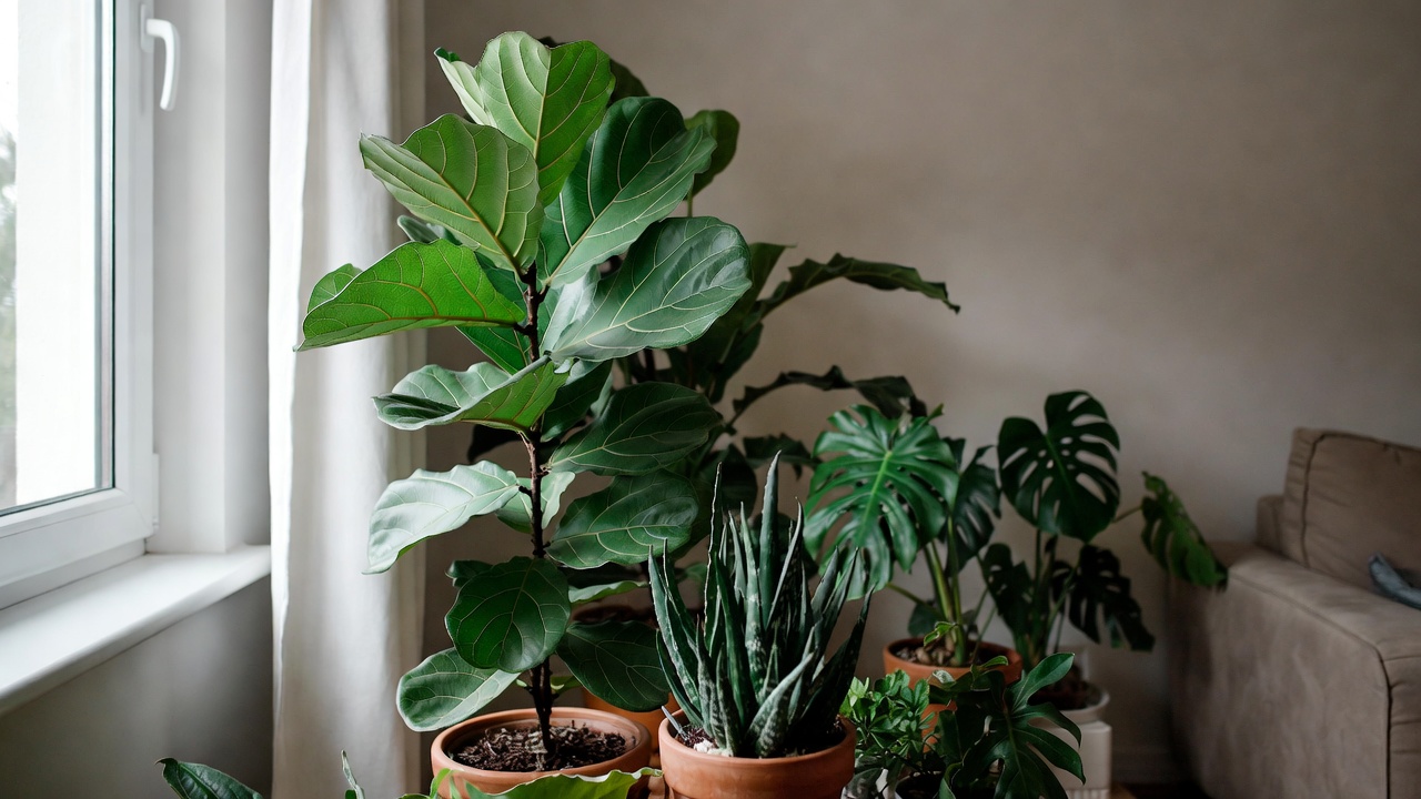 Ficus Pandurata and other plants arranged in a well-lit, serene indoor corner.