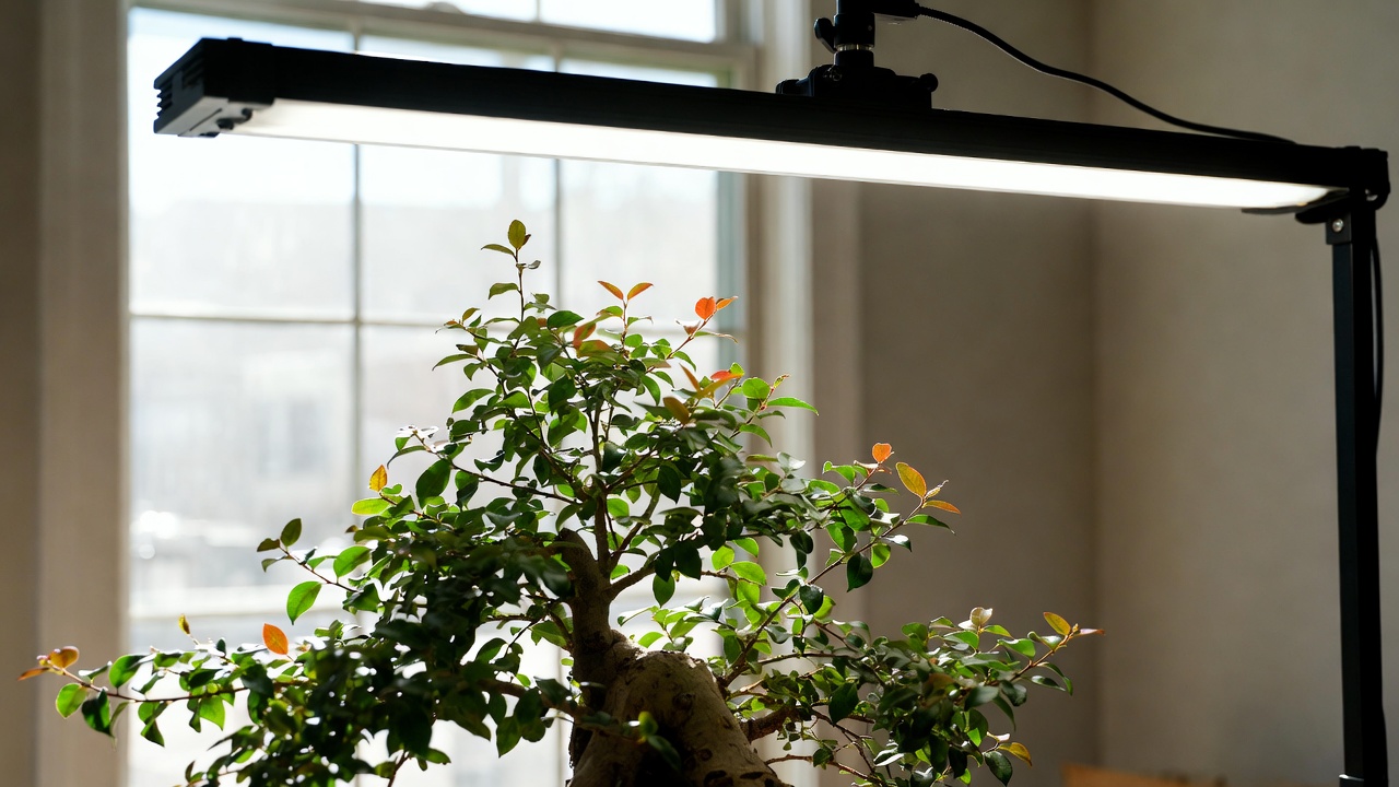 Crepe myrtle bonsai positioned near south-facing window with grow light