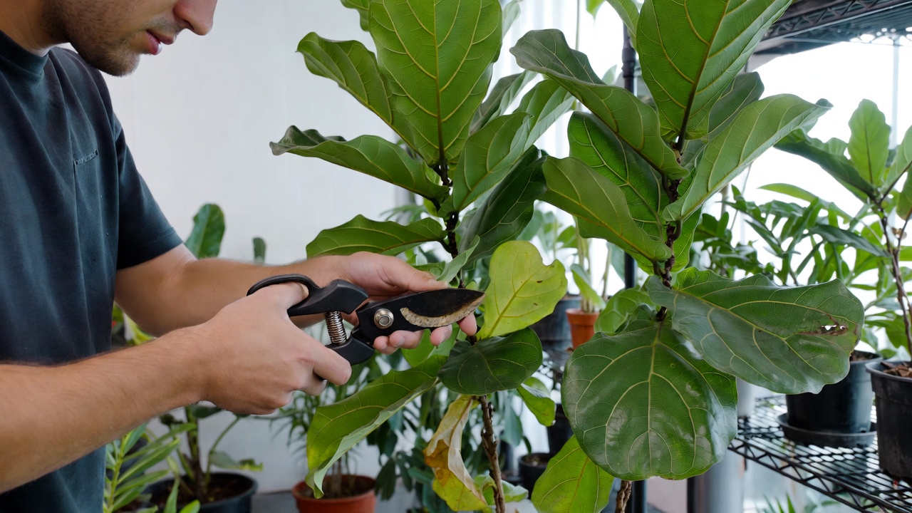 Pruning the leaves of Ficus Pandurata to promote healthy growth.