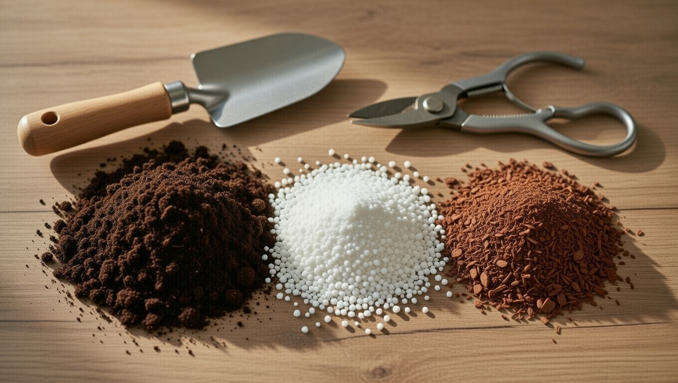 Potting mix ingredients for hanging ferns including peat perlite and bark