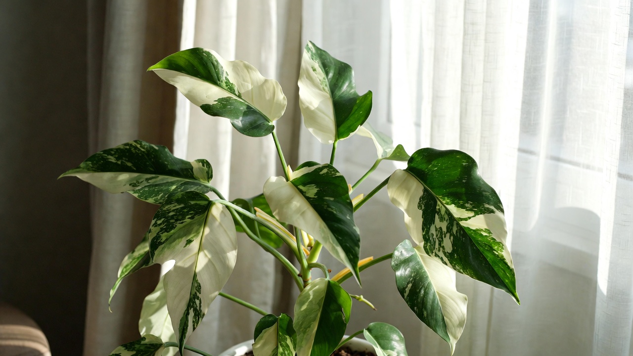 White philodendron plant placed in bright indirect sunlight near a window