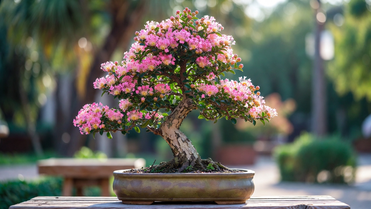Mature crepe myrtle bonsai with vibrant pink flowers in shallow bonsai pot