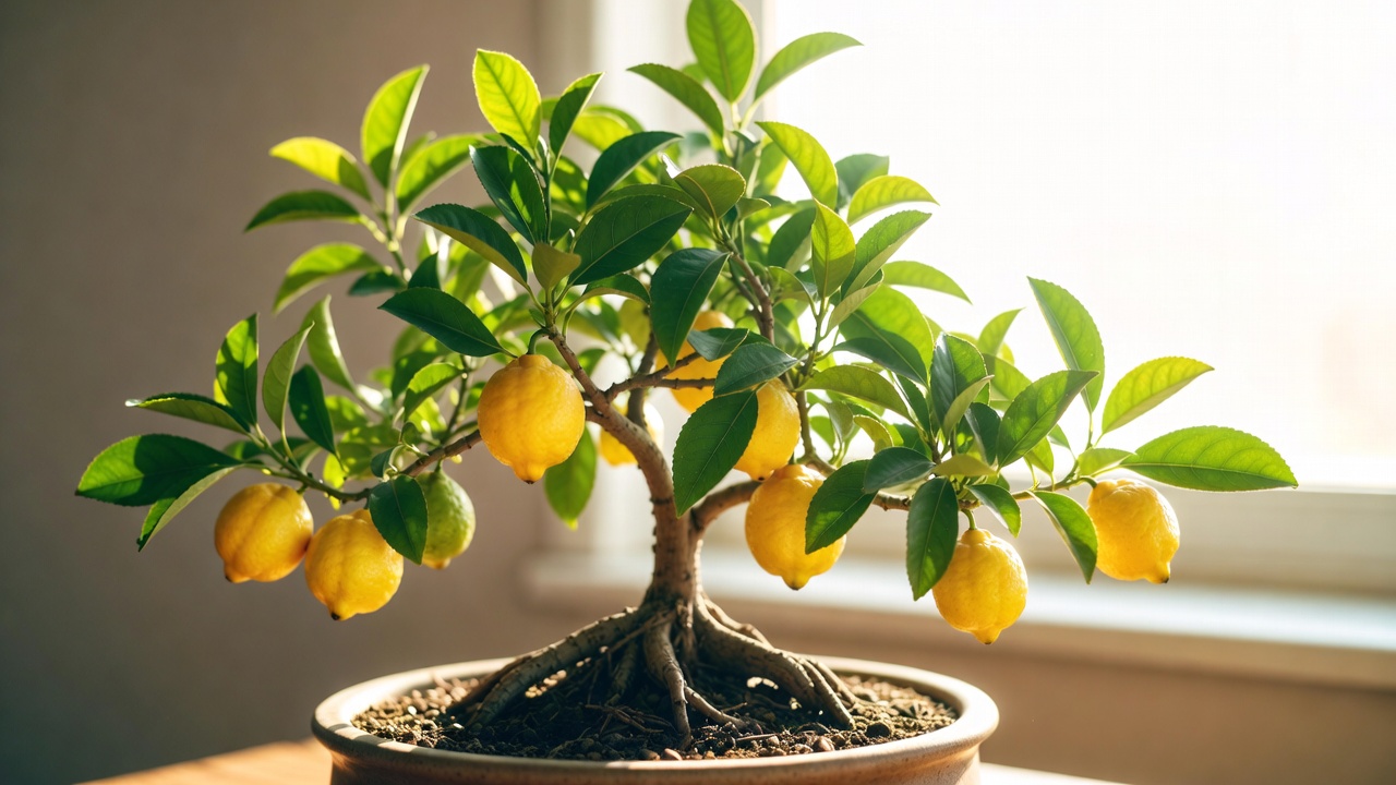 Indoor citrus bonsai fruit tree with ripe lemons growing in a shallow pot near a bright window