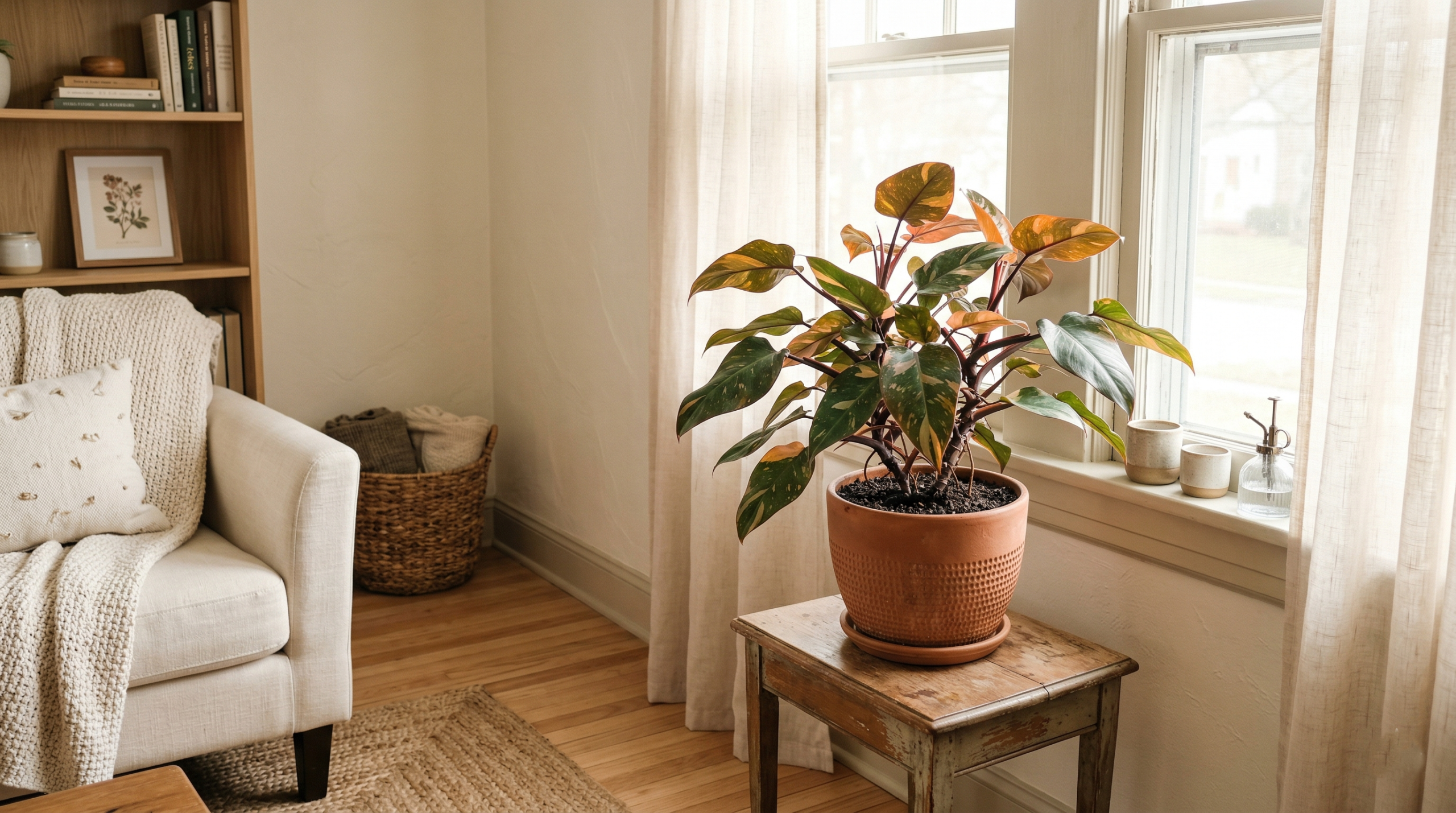 Orange princess philodendron placed in bright indirect sunlight near window