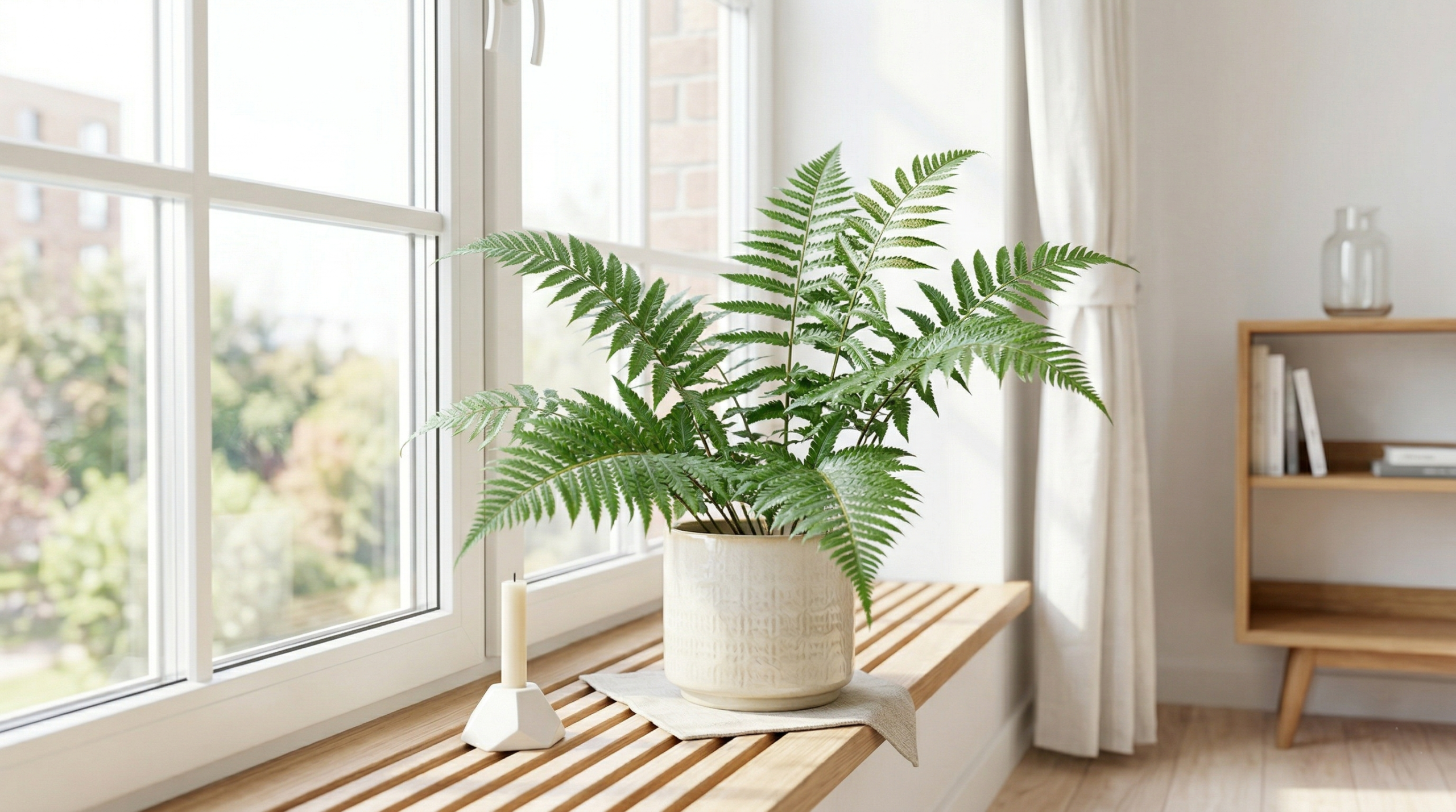 Healthy leatherleaf fern plant in a bright indoor setting with indirect sunlight