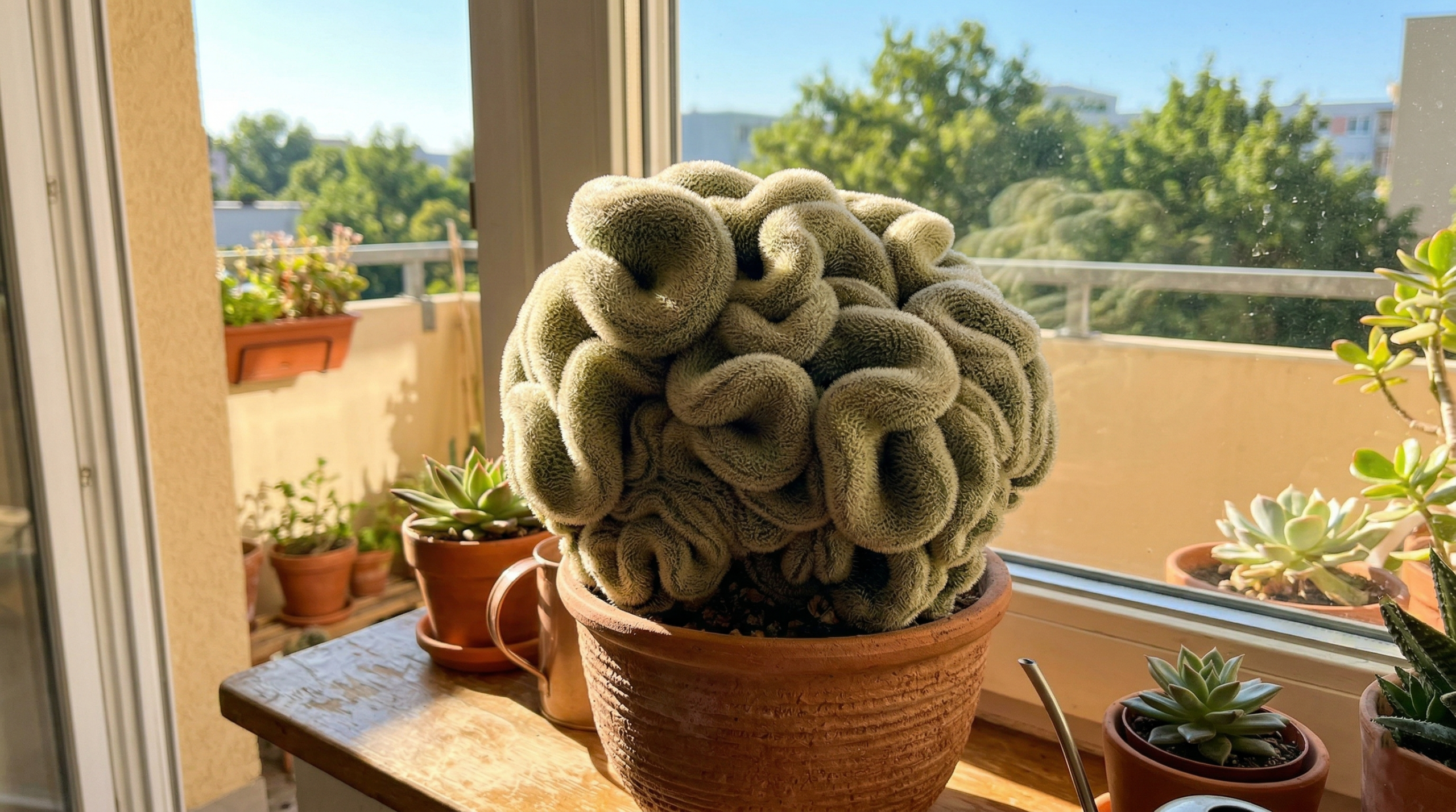 "Brain cactus thriving in bright, direct sunlight near a window."