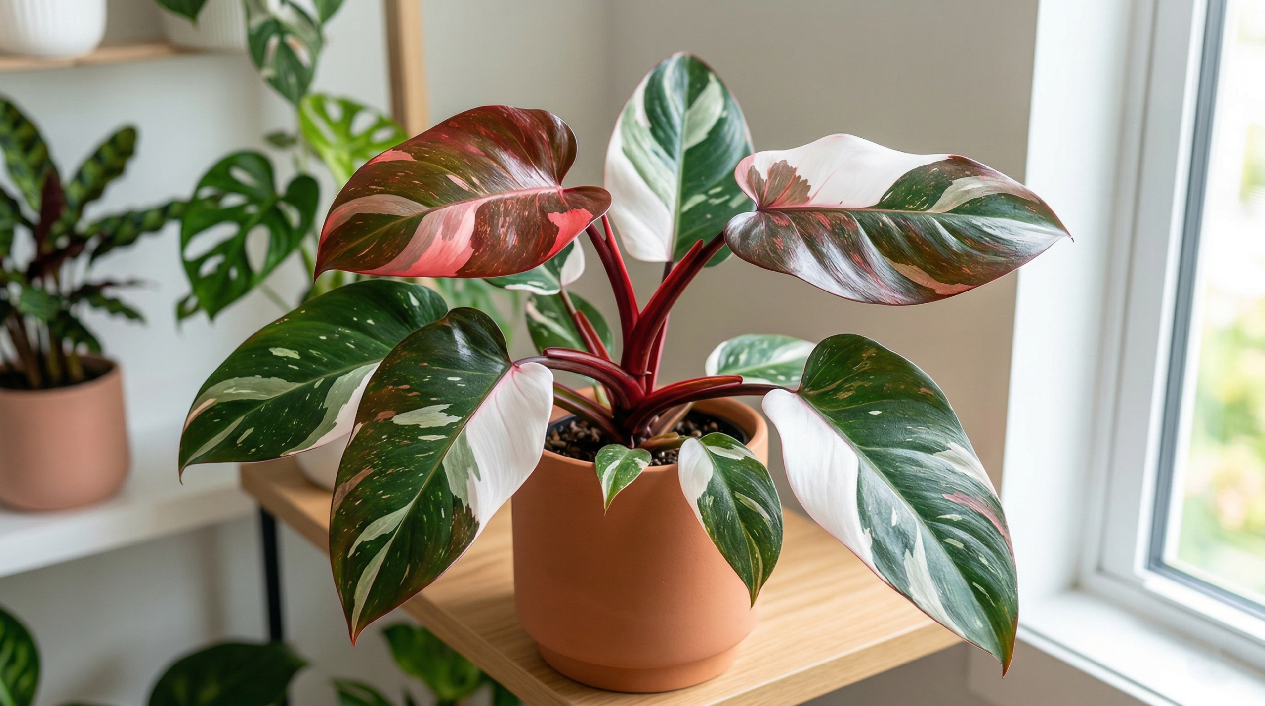 Philodendron Red Anderson variegated leaves with green white and red tones indoors