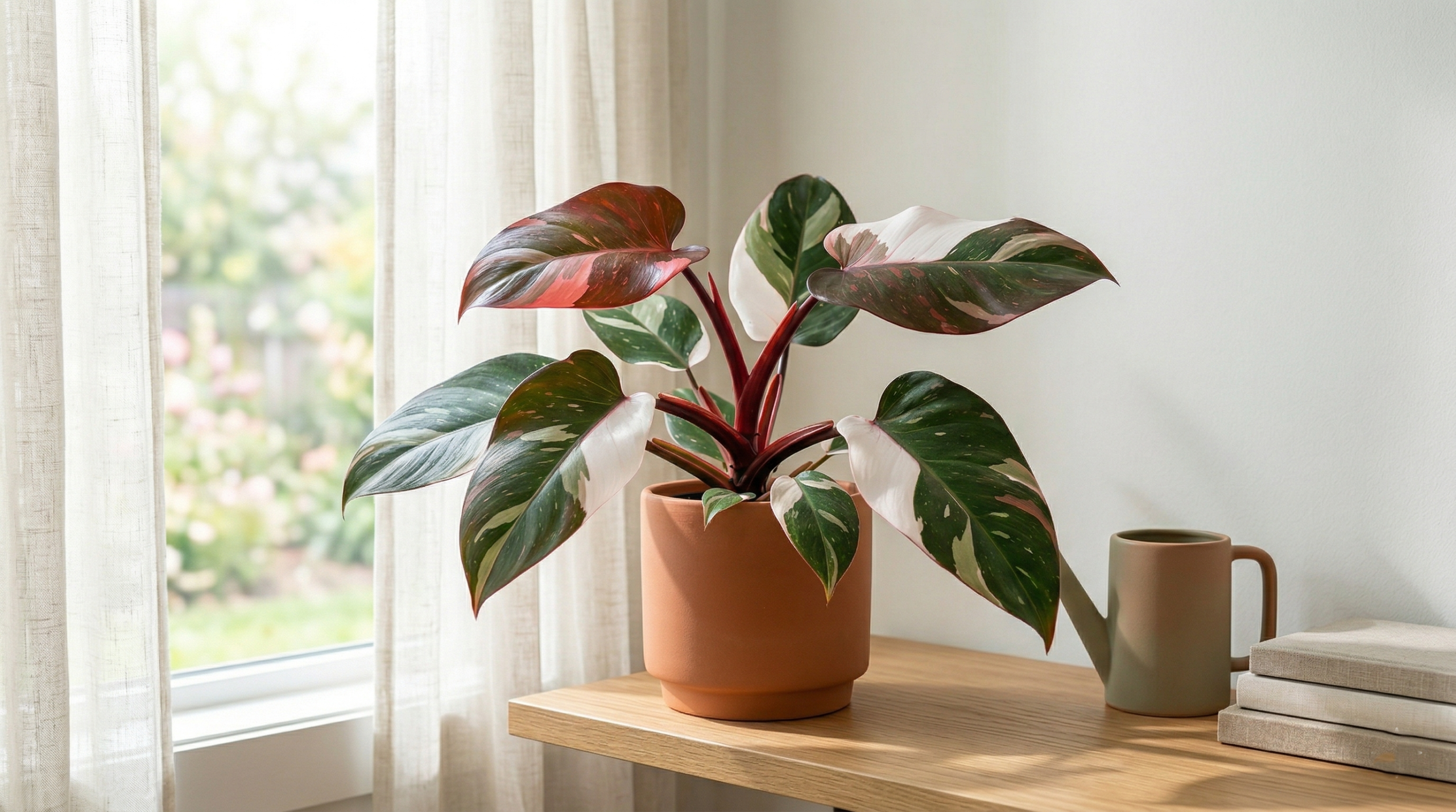 Philodendron Red Anderson placed in bright indirect light near window with curtains