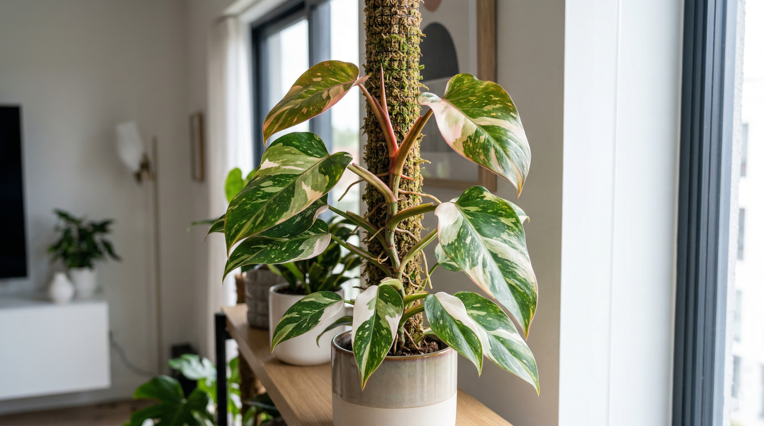 Philodendron Red Anderson climbing moss pole with large variegated leaves indoors
