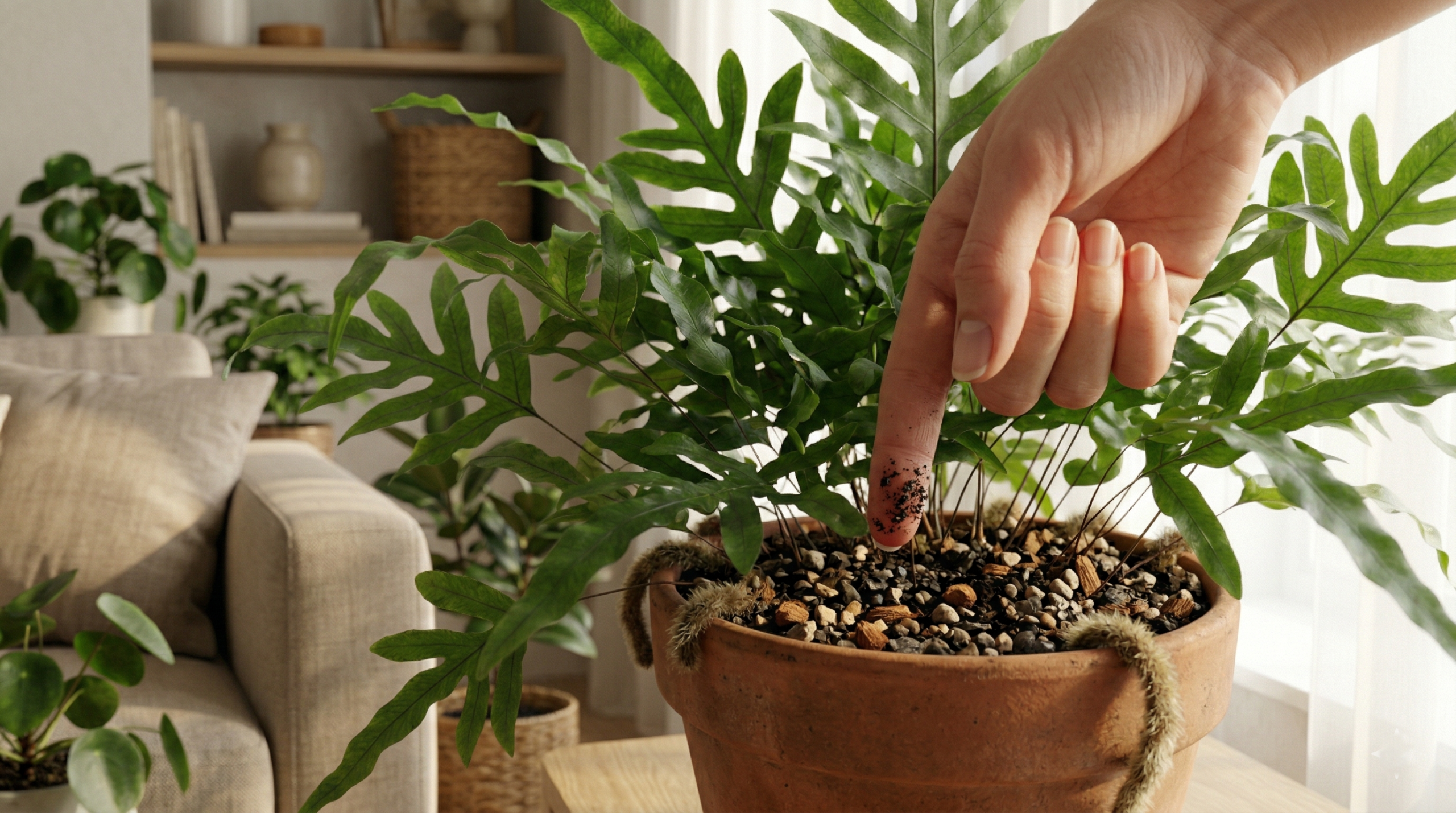 Checking soil moisture of kangaroo fern using finger test for proper watering