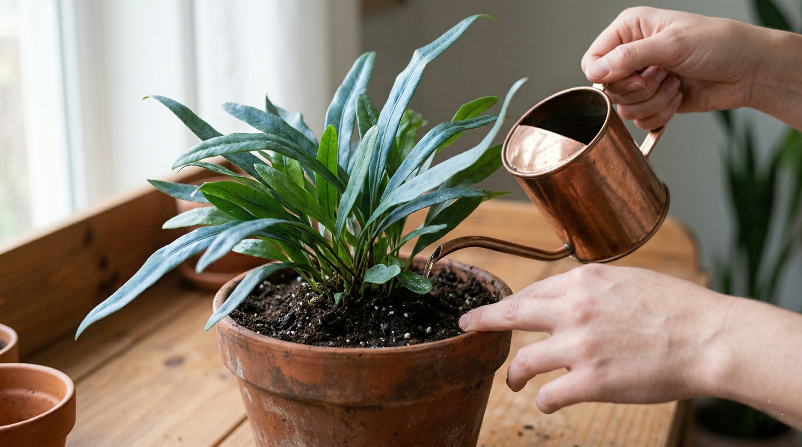 Watering blue oil fern with proper indoor plant care technique