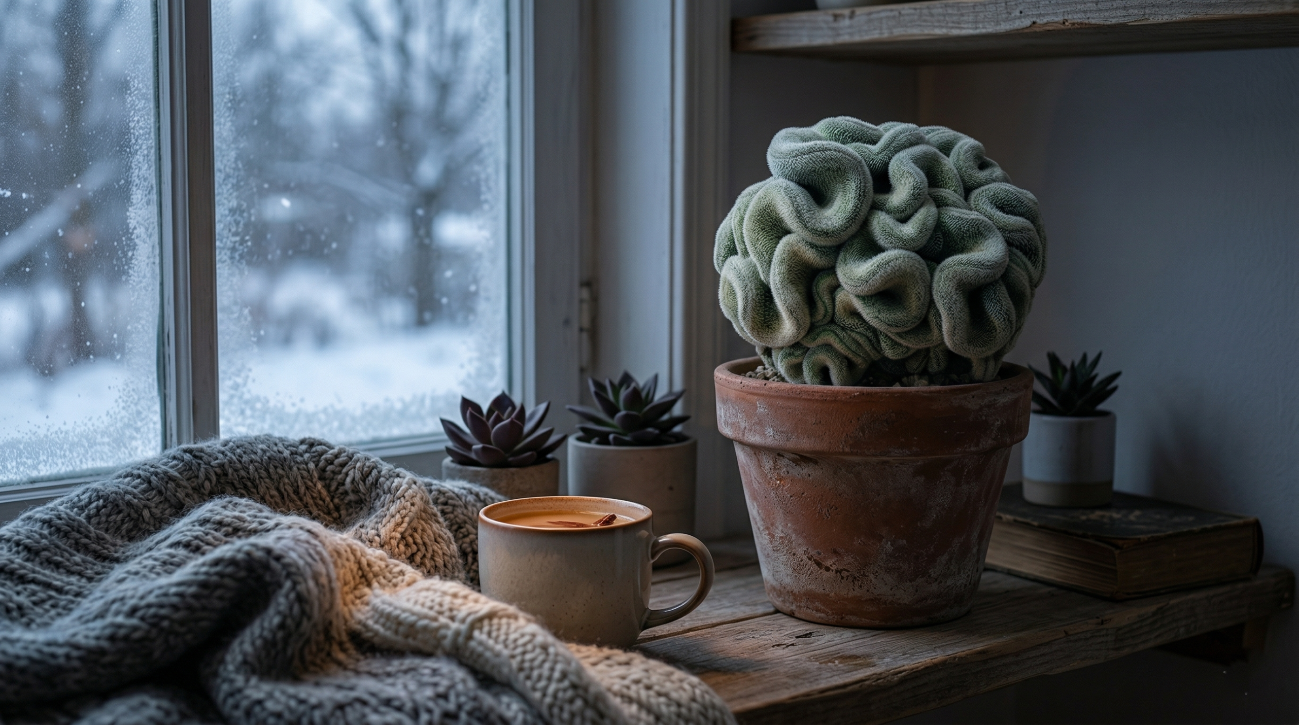 "Brain cactus thriving indoors during winter with low light and cool temperatures."