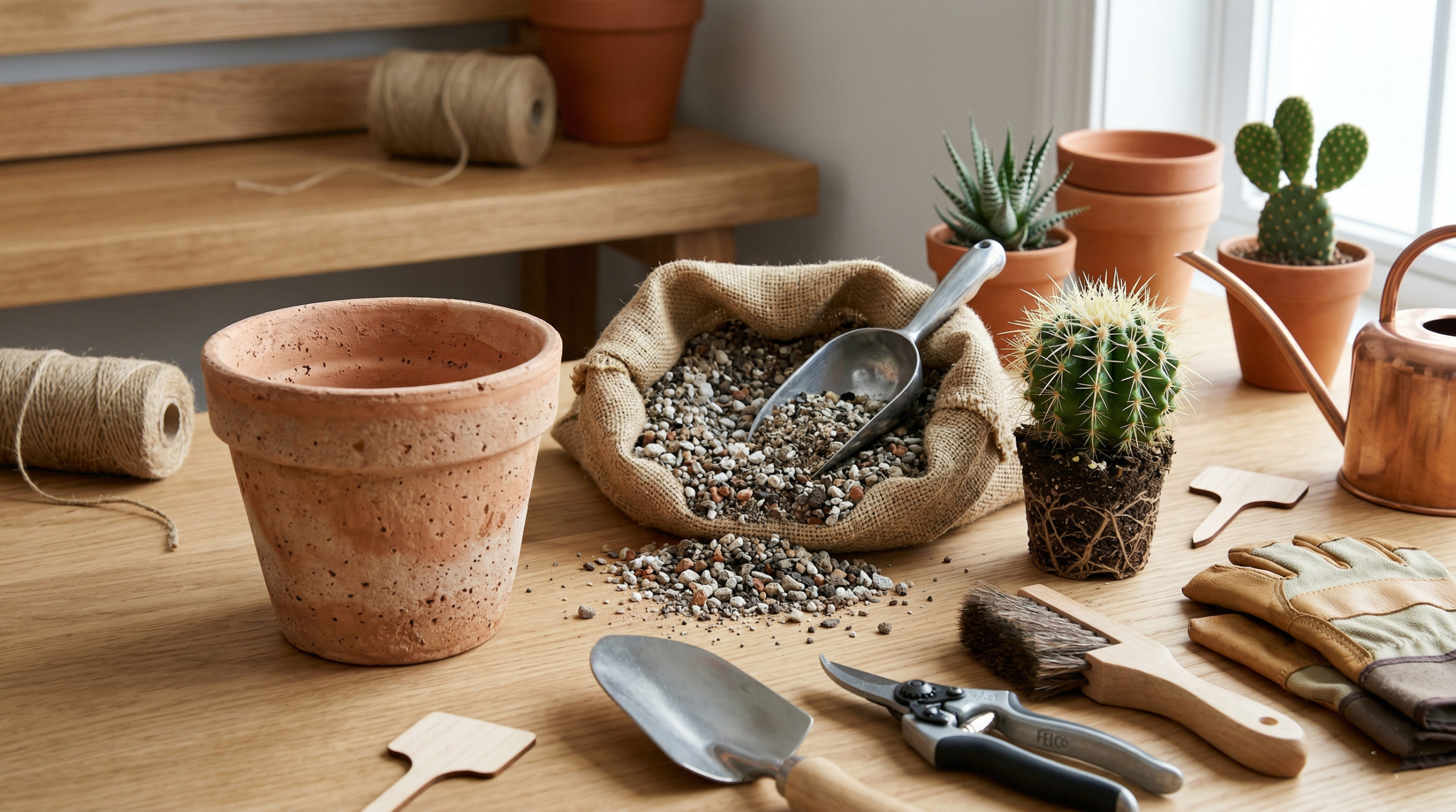Cactus care setup with soil mix pot and gardening tools